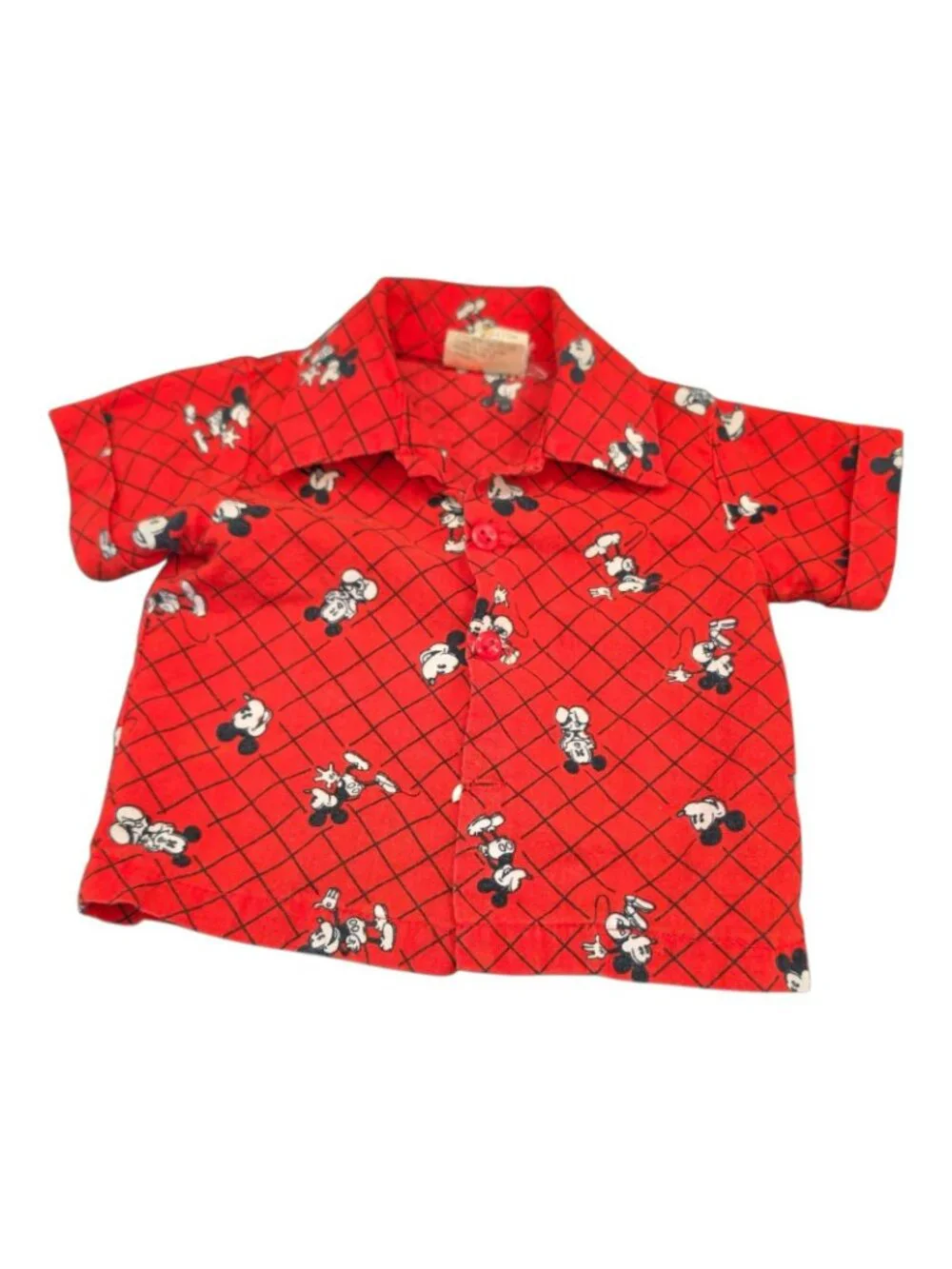Vintage Disney Kids Baby Mickey Mouse Red Shirt Denim Overalls Newborn to 6 Mos